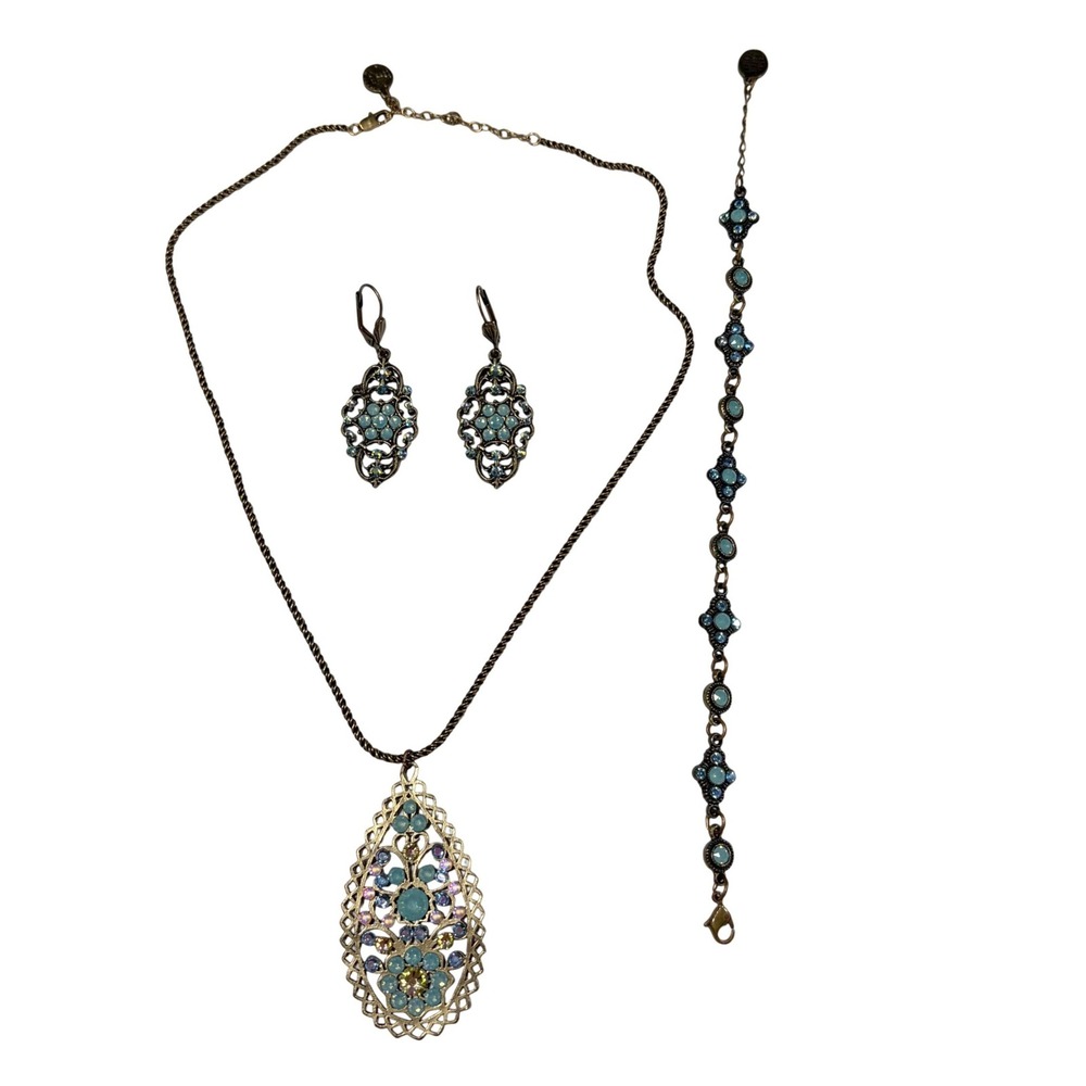 Anne Koplik Designs Jewelry 3 pcs Set Teal Blue Victorian Filigree Crystal Brass